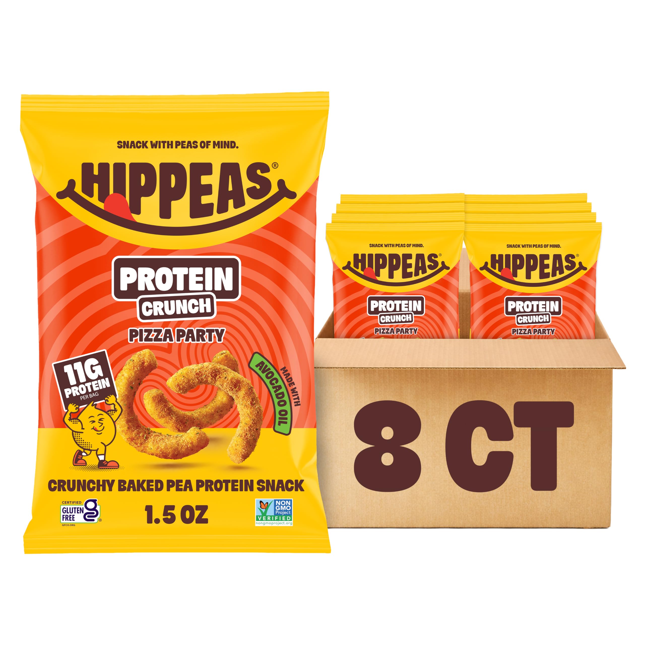 HIPPEAS frente del empaque mostrando sabor pizza y porciones individuales