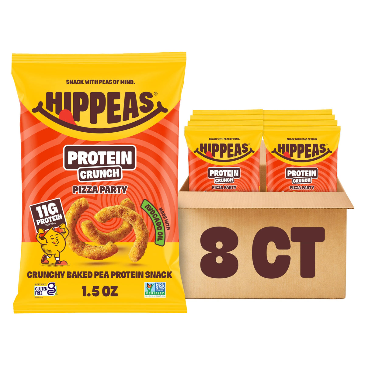 HIPPEAS frente del empaque mostrando sabor pizza y porciones individuales