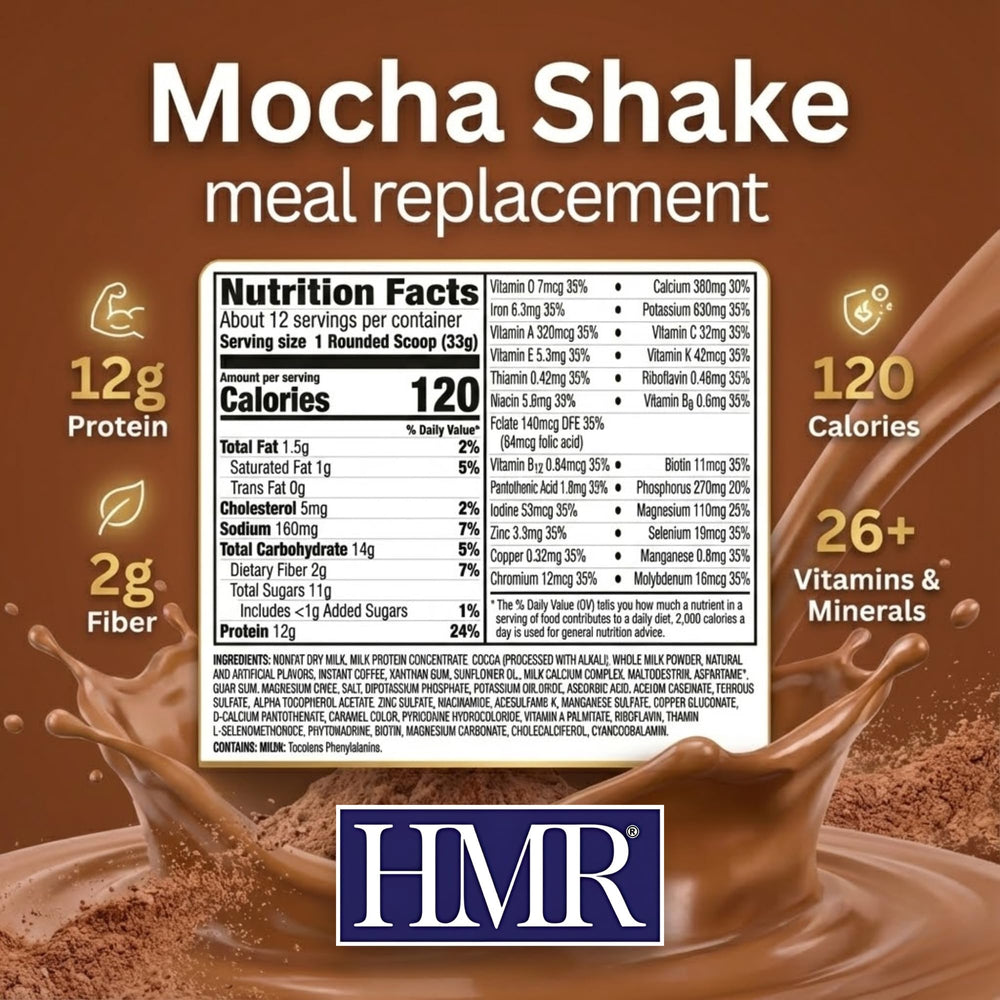 HMR batido mocha servido en vaso, bebida lista y saciante para desayuno rápido