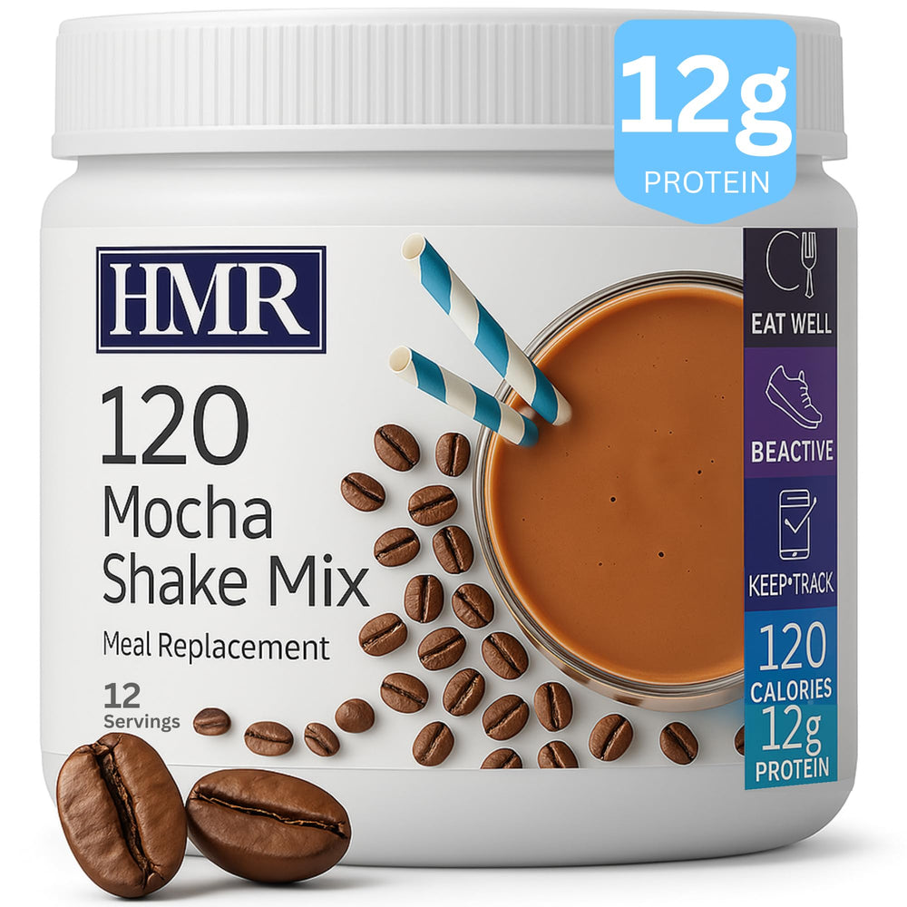 HMR batido mocha en escena de desayuno rápido, solución conveniente para mañanas ocupadas