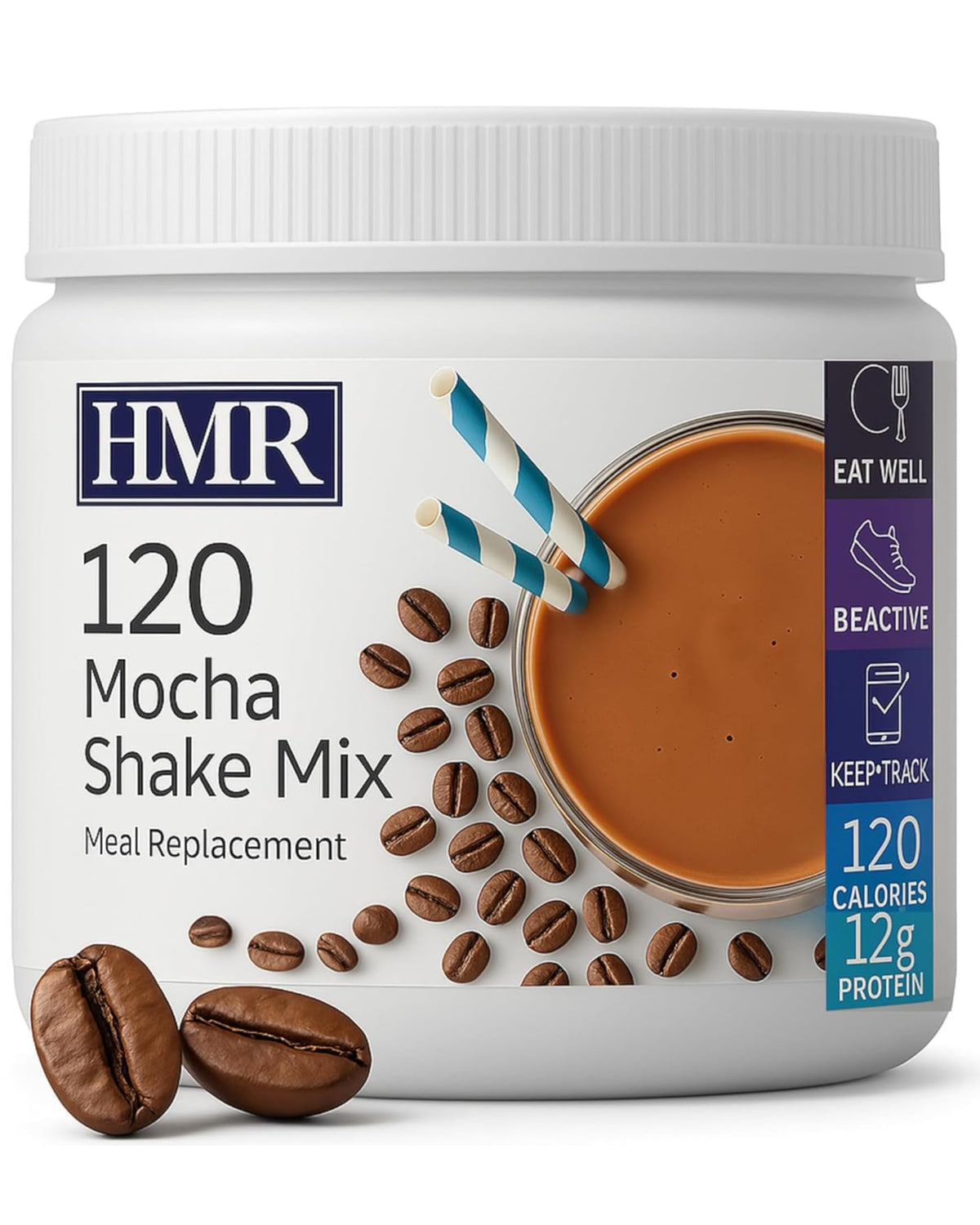 HMR paquete frontal mostrando el envase y sabor mocha, práctico para controlar porciones