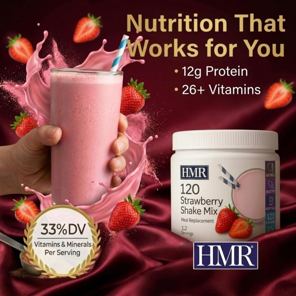 HMR etiqueta nutricional fresa mostrando vitaminas y proteínas