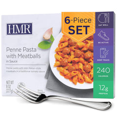 HMR frente del envase mostrando penne y albóndigas listo para calentar