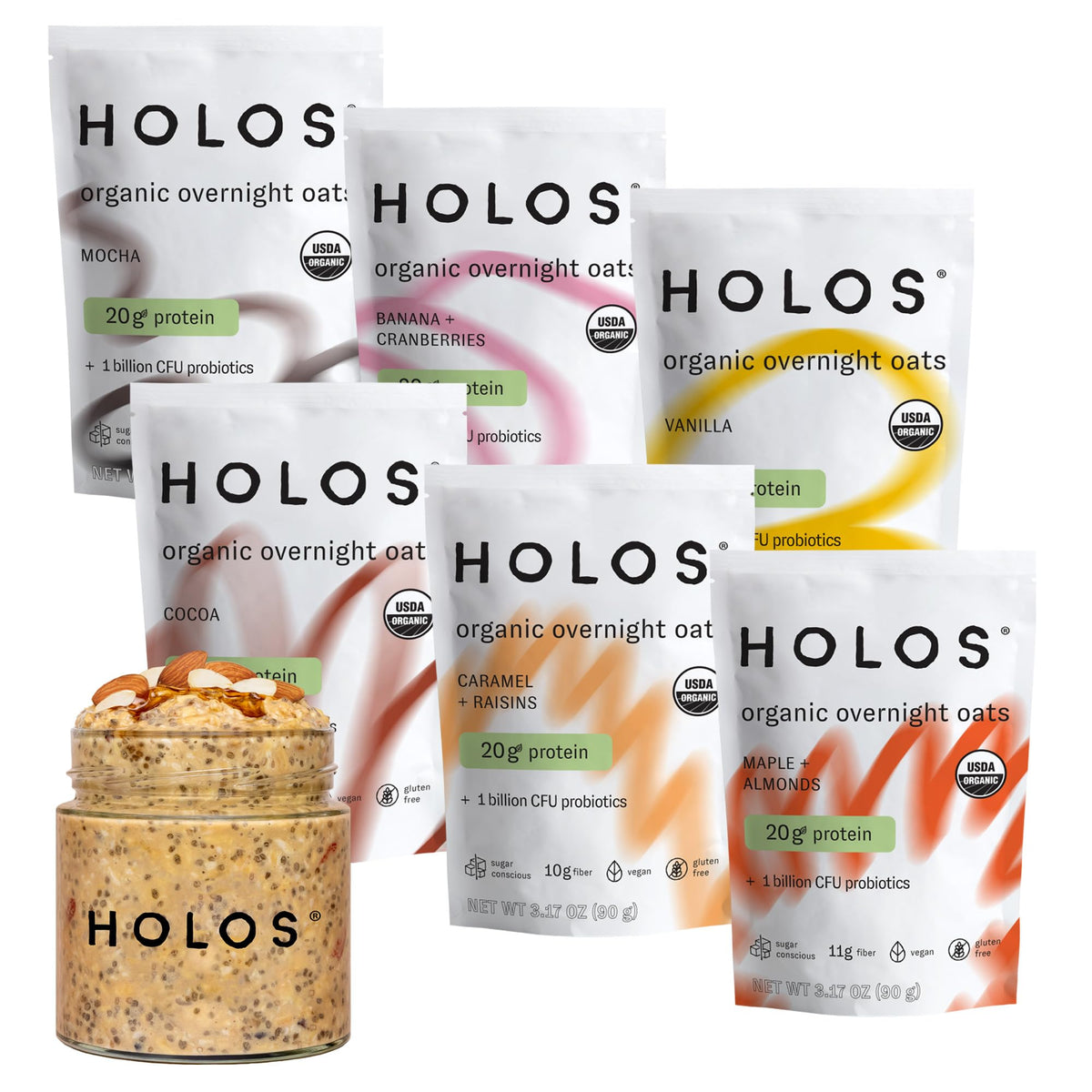 HOLOS tarro con packaging frontal mostrando variedad y comodidad