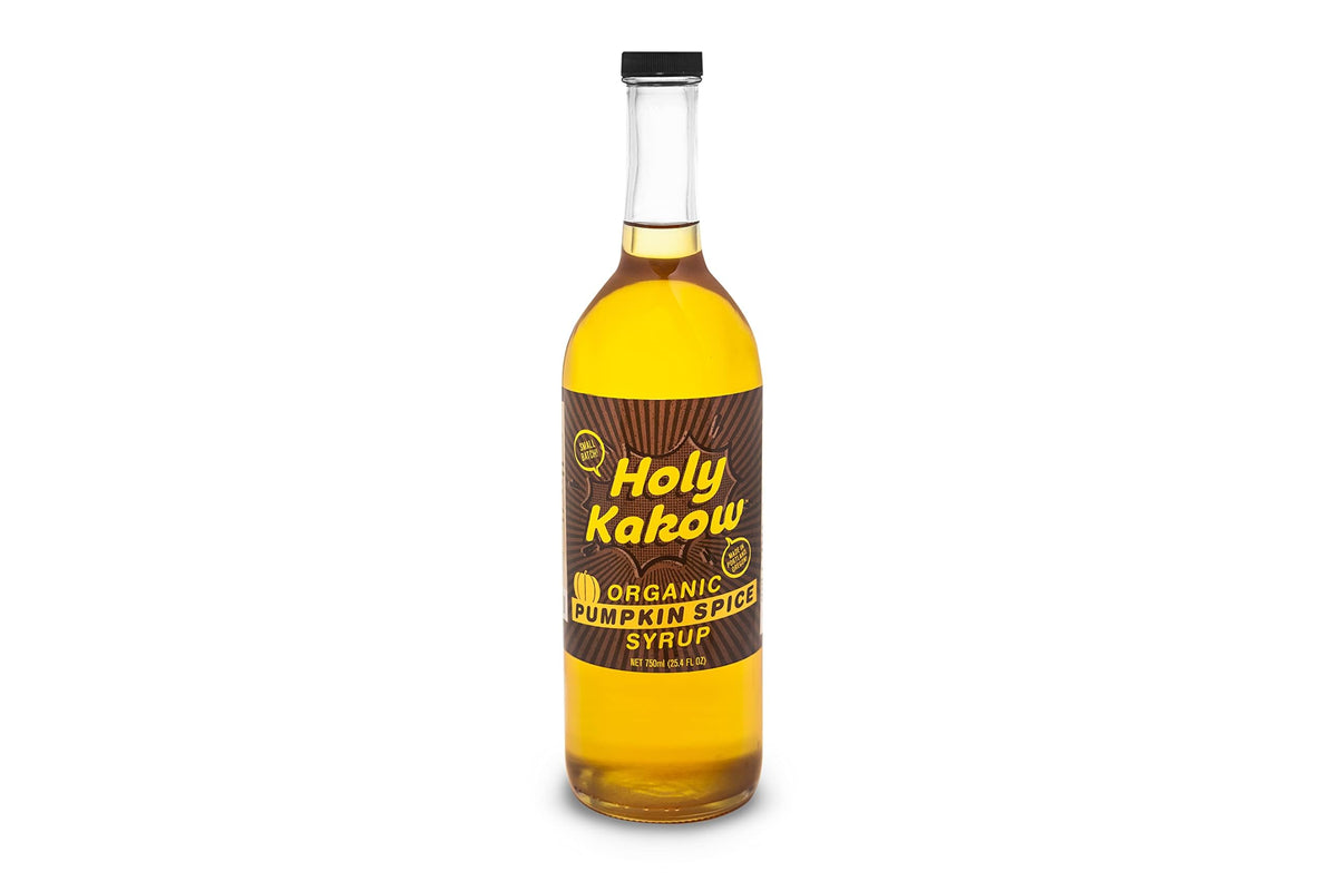 Holy Kakow botella frontal Pumpkin Spice mostrando diseño y capacidad 750 ml, ideal para cafeterías