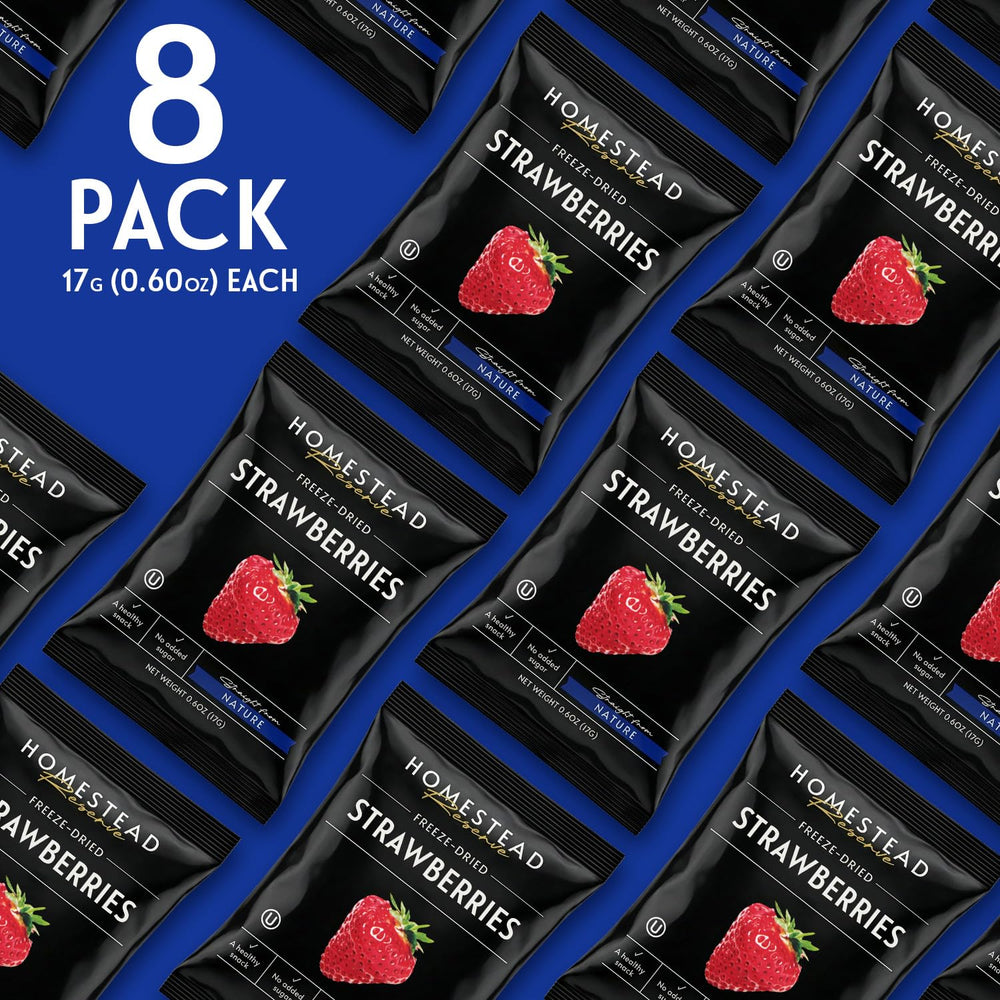 Homestead Reserve paquete abierto con fresas liofilizadas listas para consumir
