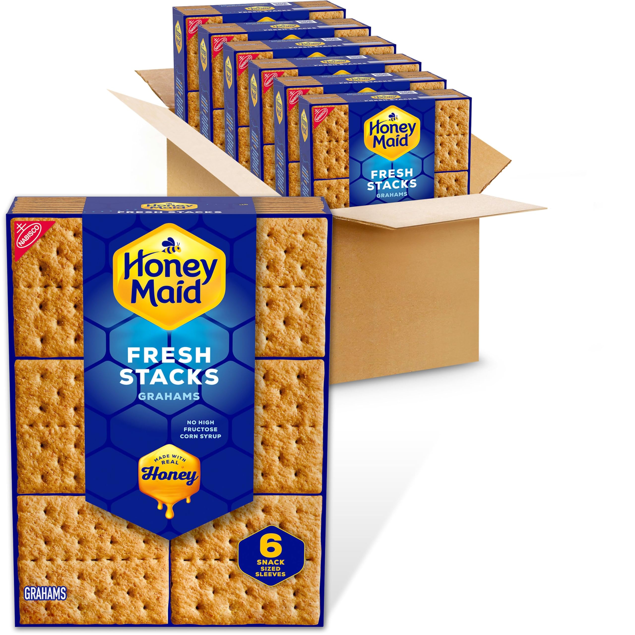 Honey Maid frente del empaque mostrando 36 paquetes para fácil almacenamiento