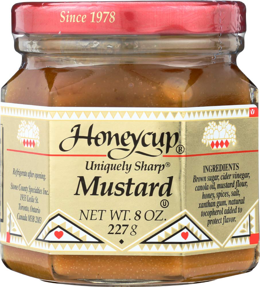 Honeycup mostaza frasco frente mostrando etiqueta y beneficio conveniencia
