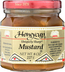 Honeycup mostaza frasco frente mostrando etiqueta y beneficio conveniencia