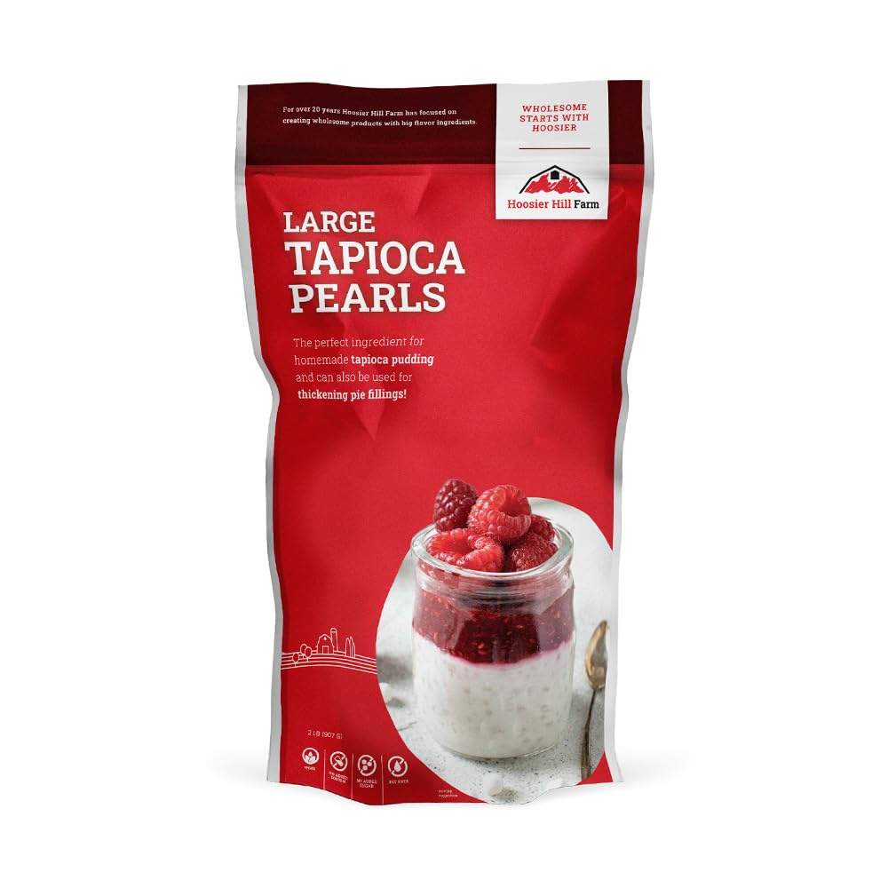 Hoosier Hill Farm paquete frontal de perlas grandes de tapioca mostrando 2 lb y marca