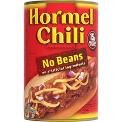 Hormel Chili lata frontal mostrando diseño y practicidad para almacenamiento