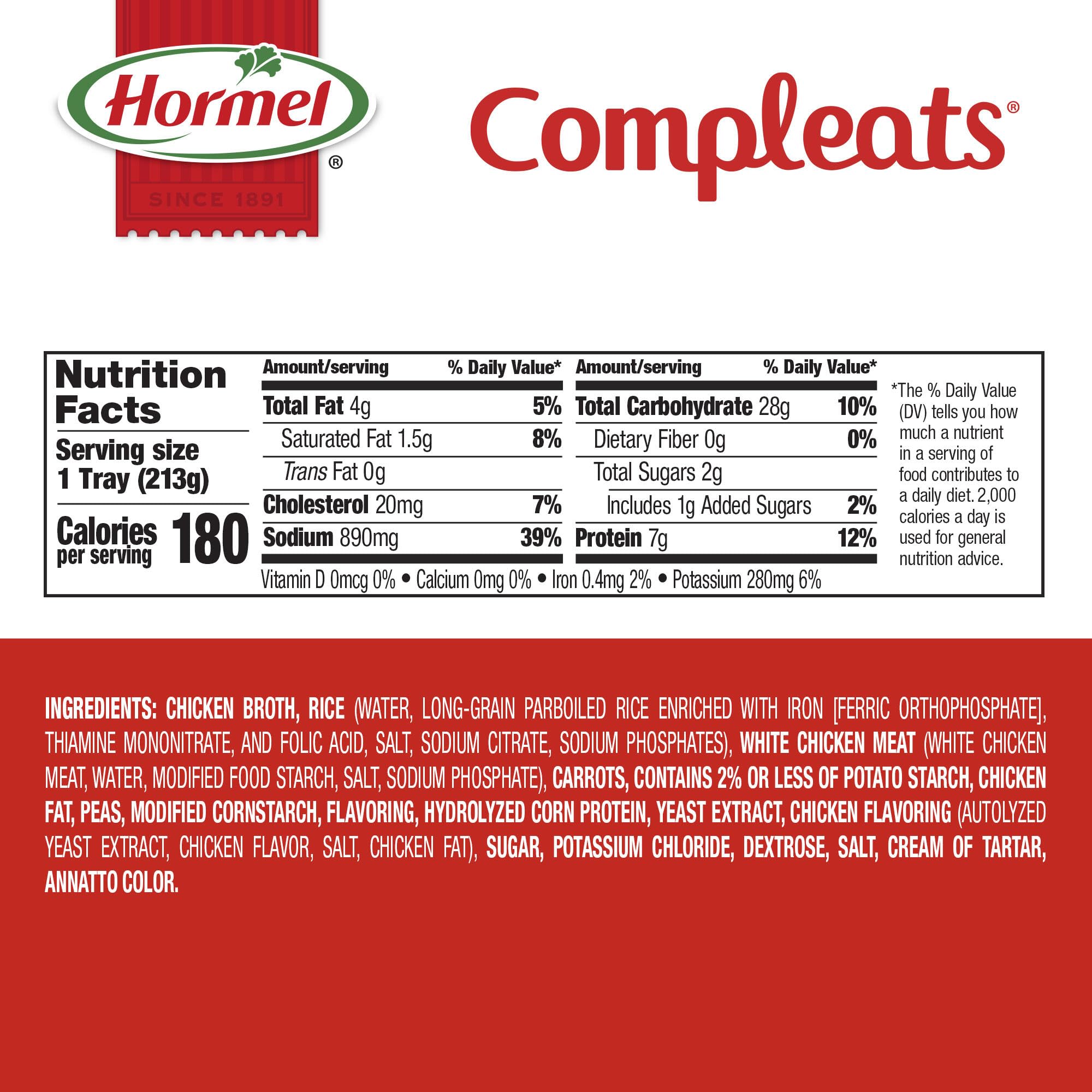 HORMEL COMPLEATS bandeja abierta mostrando pollo, arroz y verduras listos para calentar