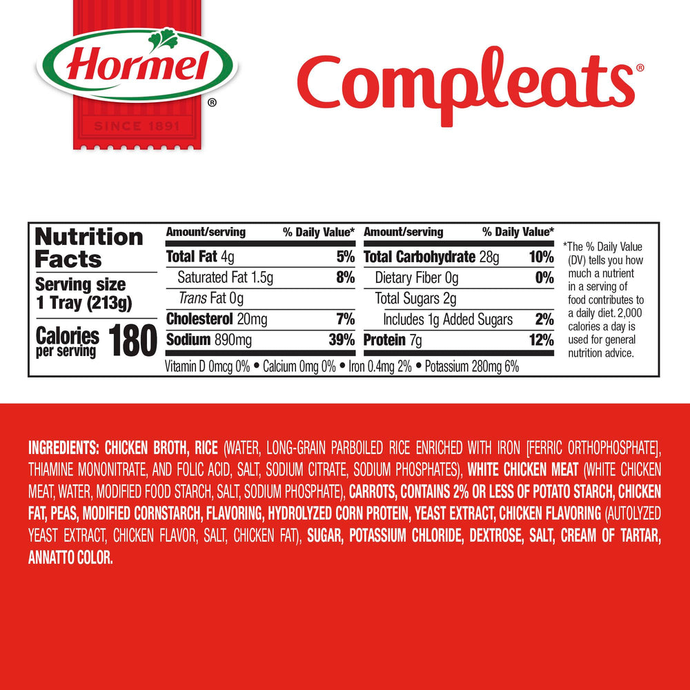 HORMEL COMPLEATS bandeja abierta mostrando pollo, arroz y verduras listos para calentar