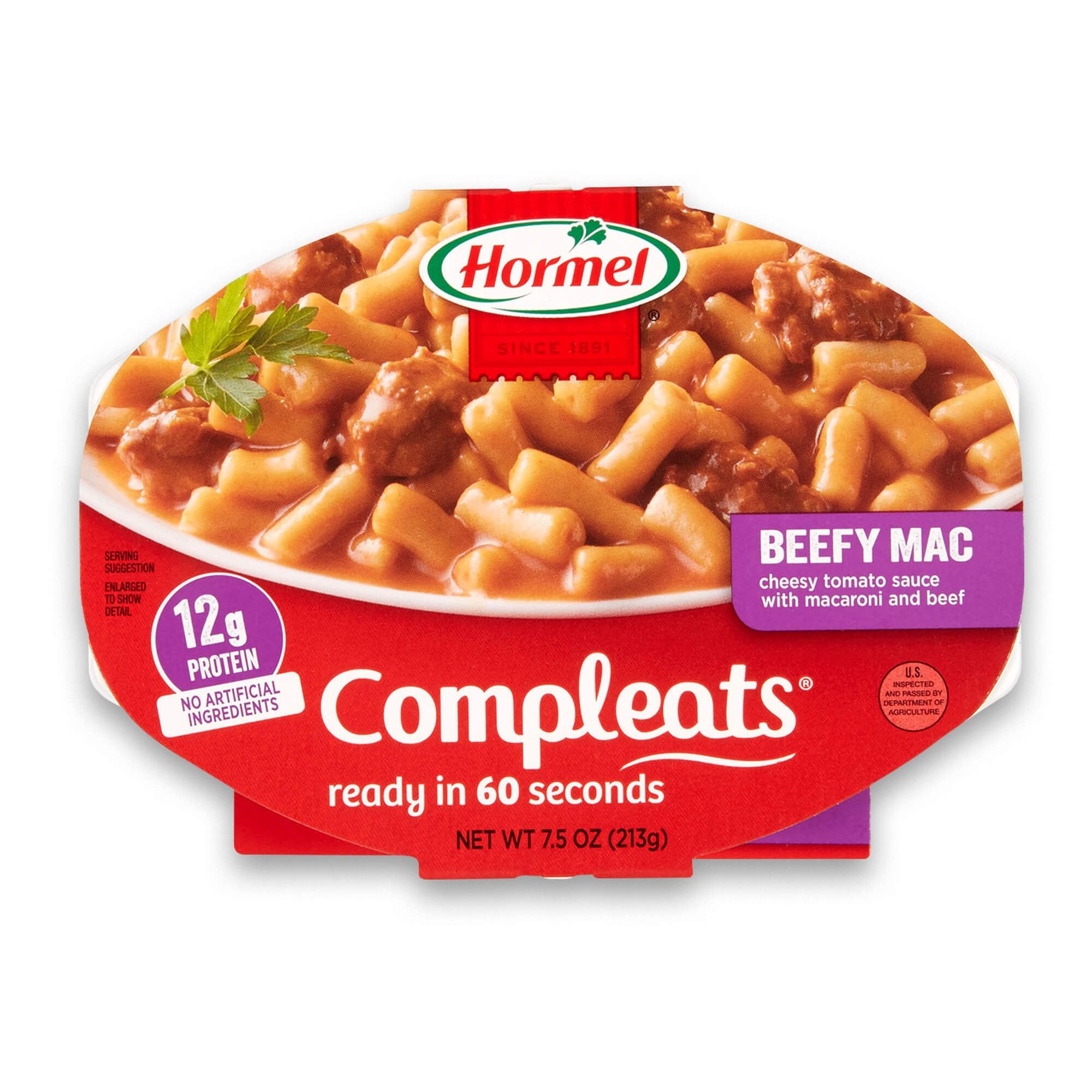 HORMEL COMPLEATS bandeja frontal mostrando la porción lista para calentar y lista en minutos
