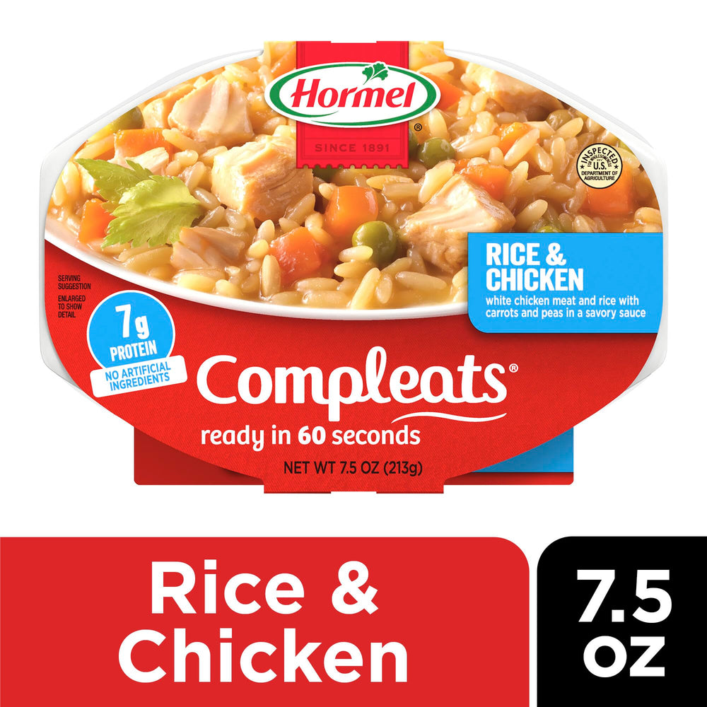 HORMEL COMPLEATS ingredientes crudos mostrados junto a la bandeja para transparencia