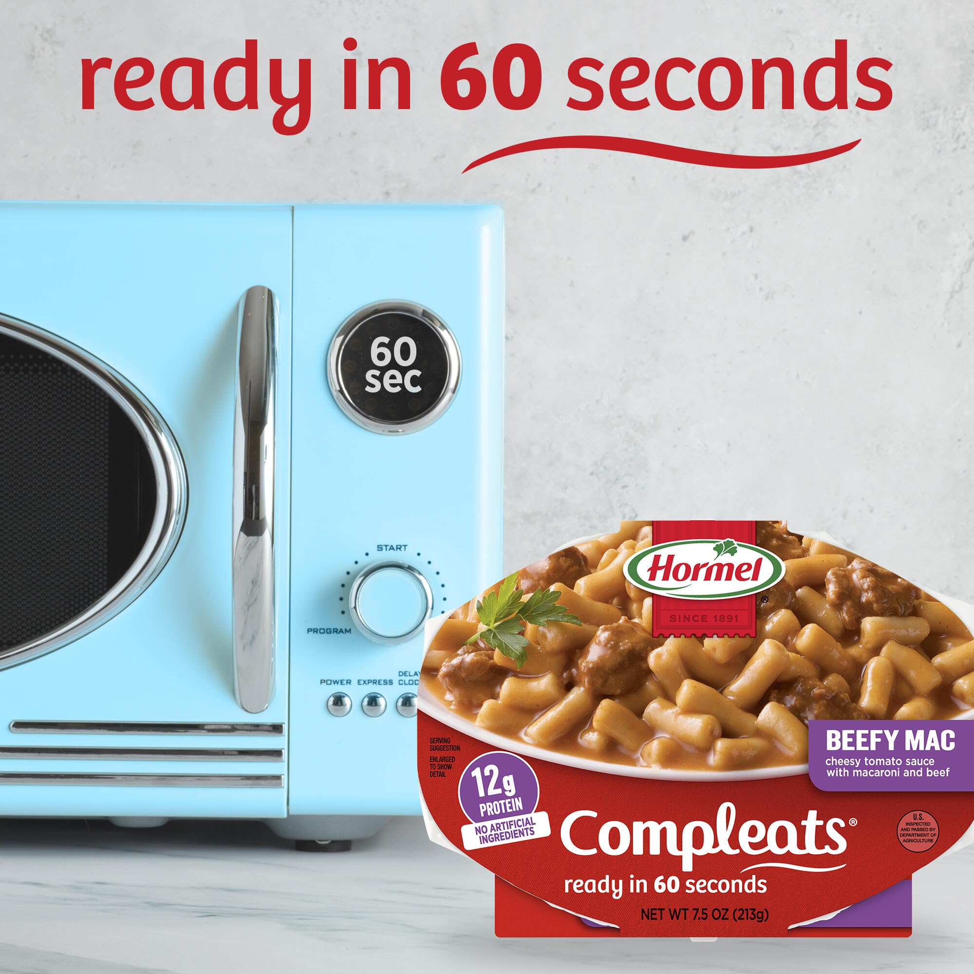 Comparación de tamaño HORMEL COMPLEATS junto a una taza para visualizar la porción real