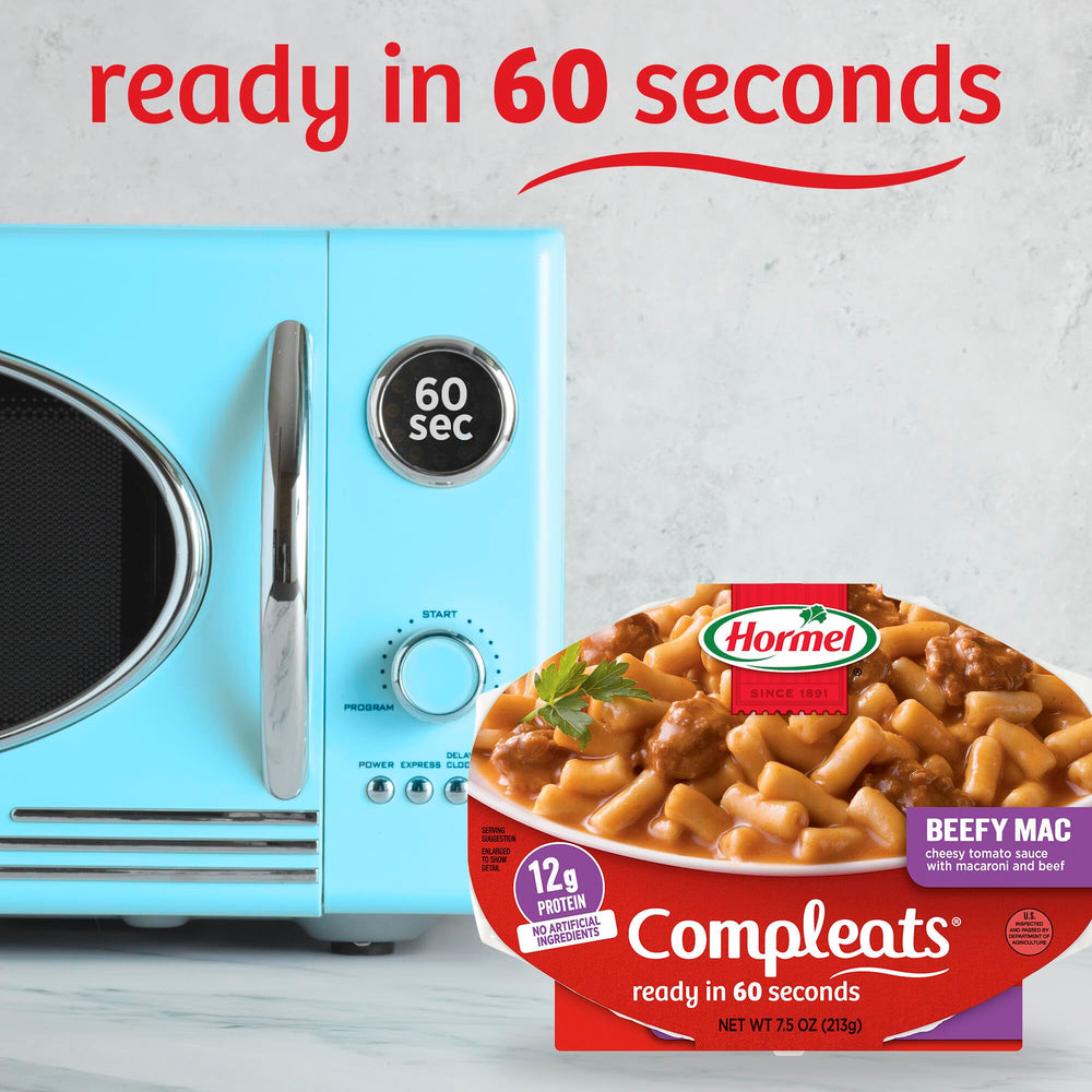 Comparación de tamaño HORMEL COMPLEATS junto a una taza para visualizar la porción real
