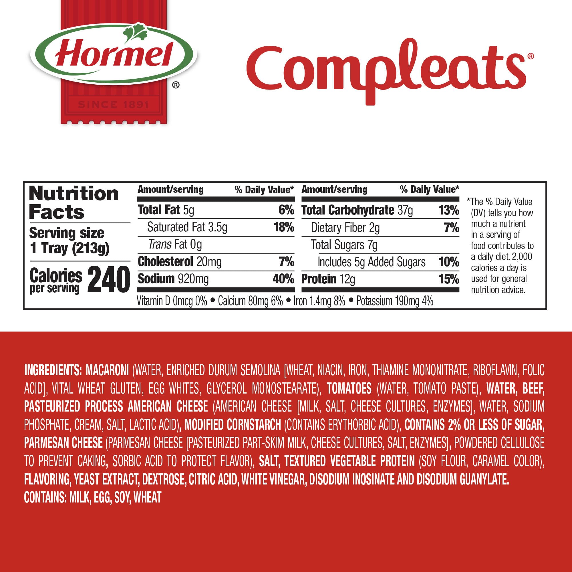 Pack de 7 HORMEL COMPLEATS Beefy Mac & Cheese mostrando el empaque para almacenamiento práctico