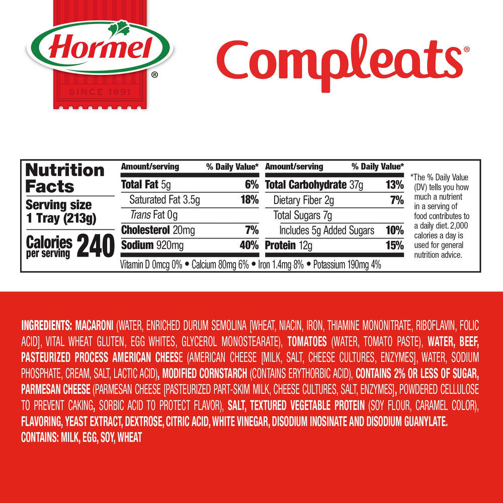 Pack de 7 HORMEL COMPLEATS Beefy Mac & Cheese mostrando el empaque para almacenamiento práctico