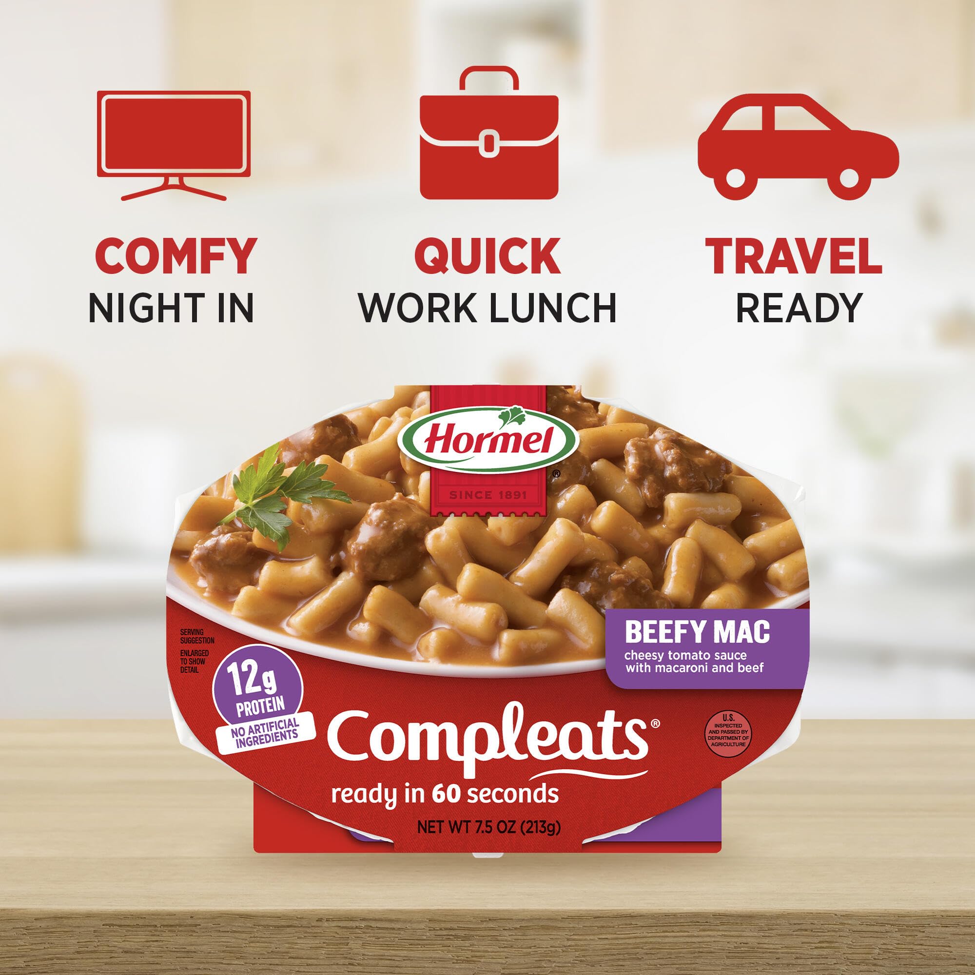 Porción servida de HORMEL COMPLEATS Beefy Mac & Cheese en un plato para presentación hogareña