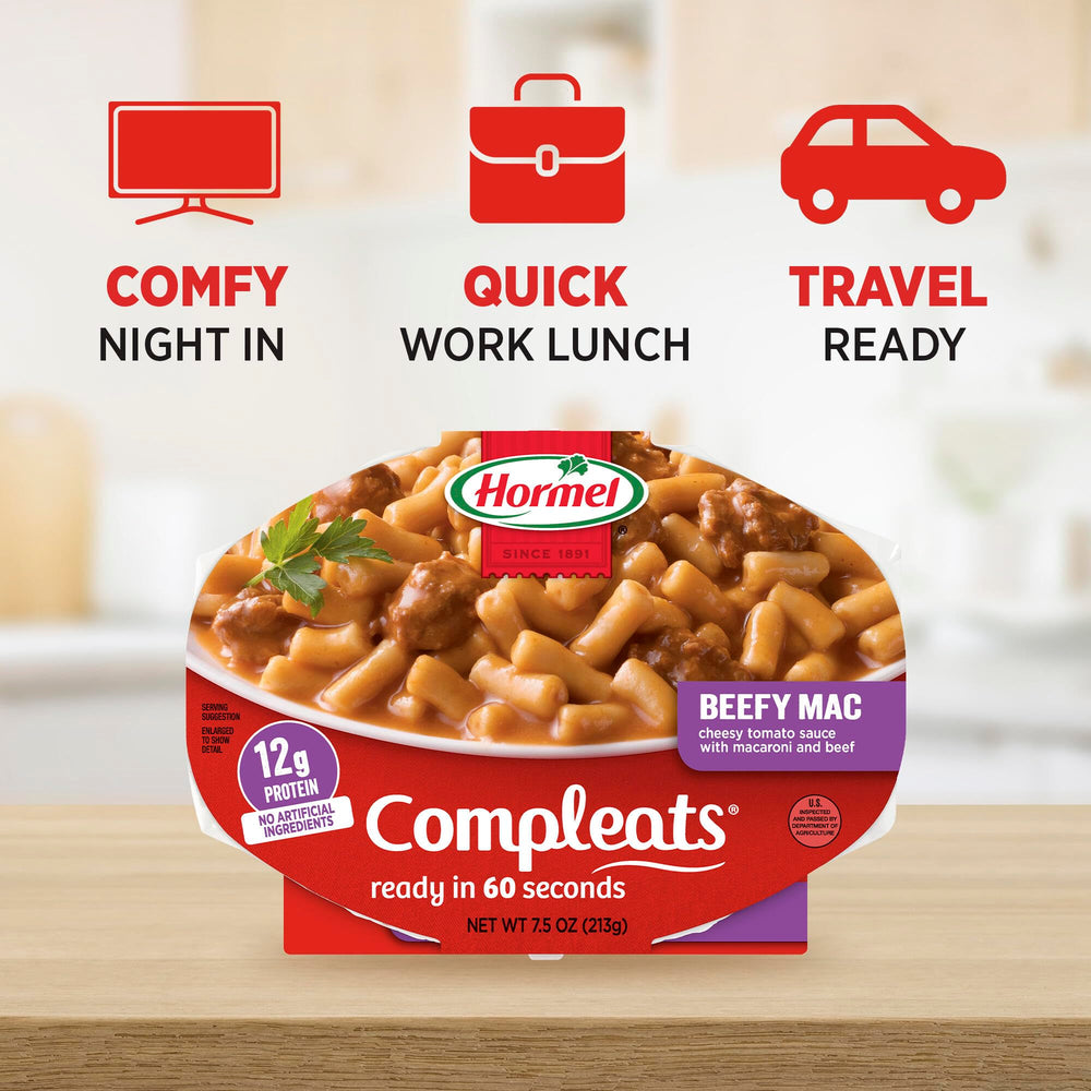 Porción servida de HORMEL COMPLEATS Beefy Mac & Cheese en un plato para presentación hogareña