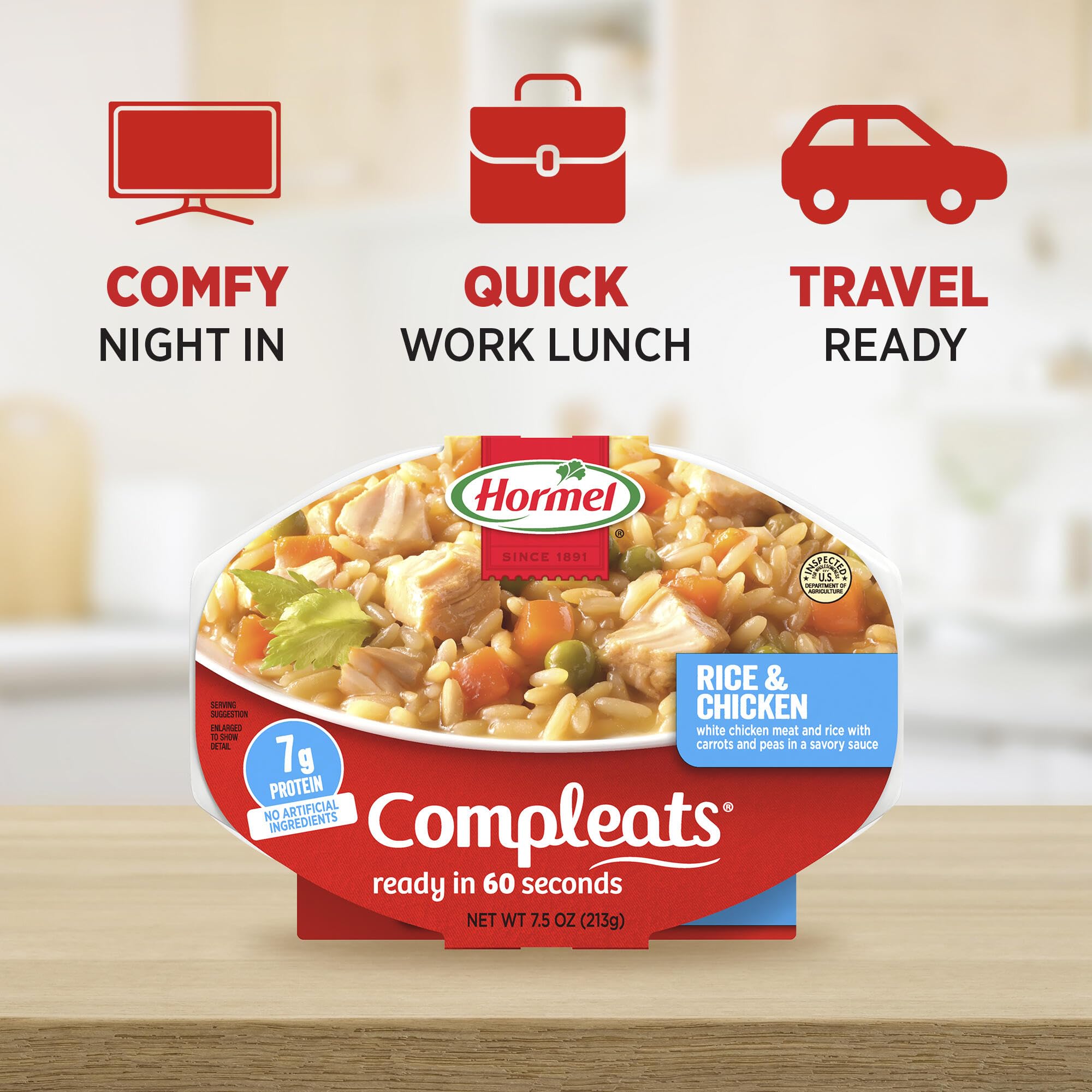HORMEL COMPLEATS comparación de tamaño con mano para visualizar porción individual