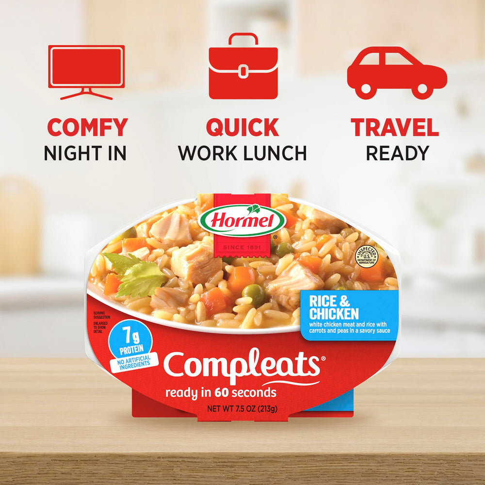 HORMEL COMPLEATS comparación de tamaño con mano para visualizar porción individual