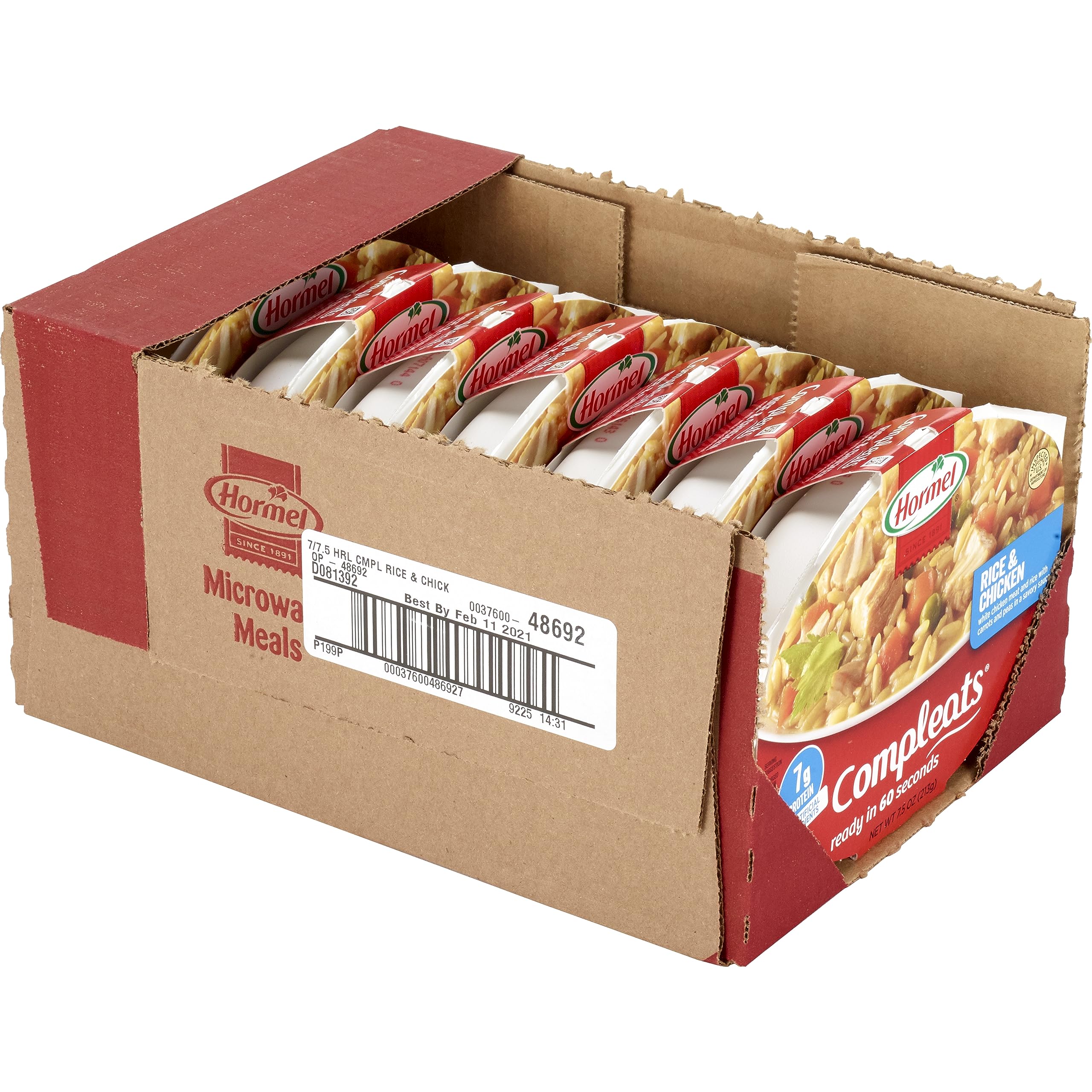 HORMEL COMPLEATS primer plano de la textura del arroz y trozos de pollo jugosos