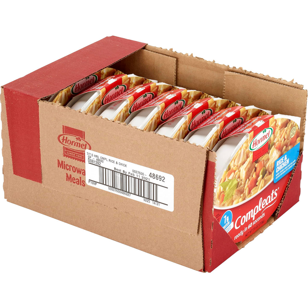 HORMEL COMPLEATS primer plano de la textura del arroz y trozos de pollo jugosos