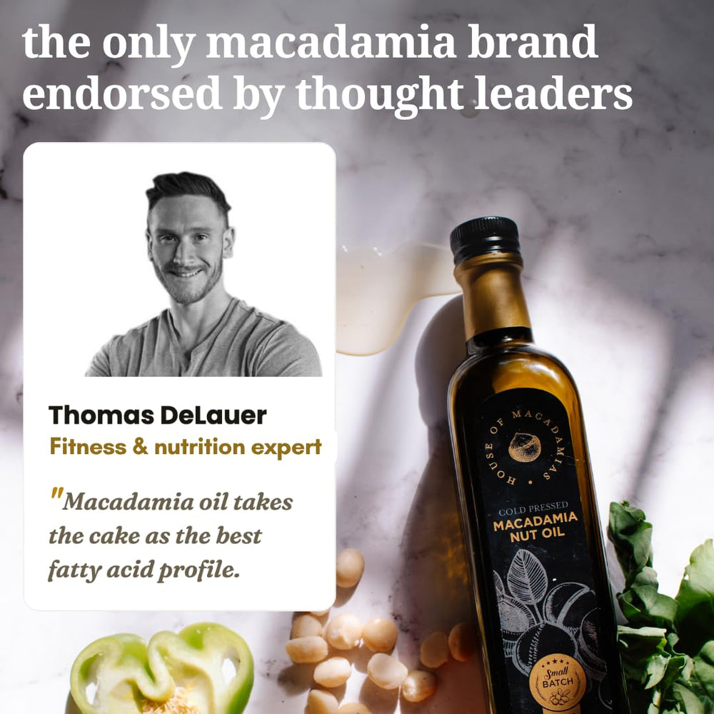 House of Macadamias etiqueta que indica prensado en frío y pruebas de laboratorio