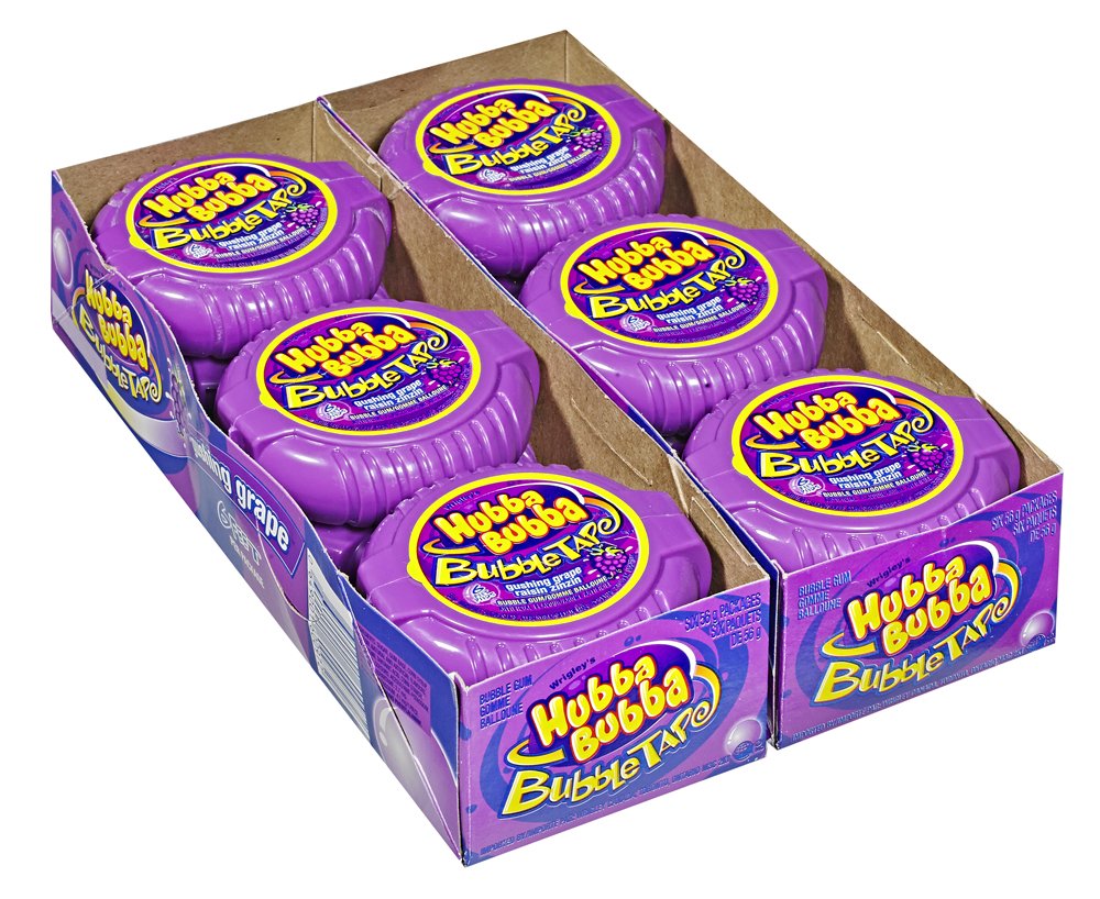 Hubba Bubba caja abierta con 12 rollos lista para repartir