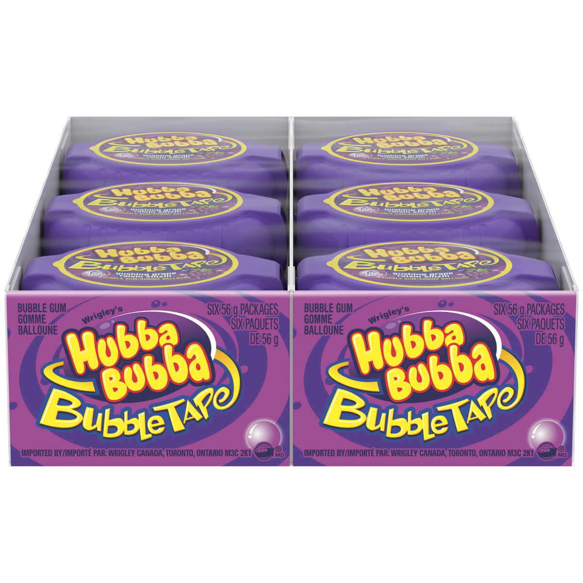 Hubba Bubba frente del empaque mostrando sabor gushing grape y cantidad