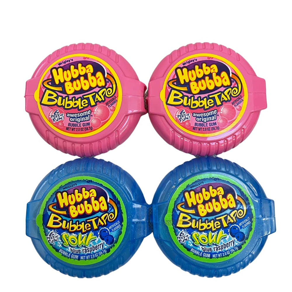 Hubba Bubba paquete frontal mostrando los cuatro rollos y colores atractivos