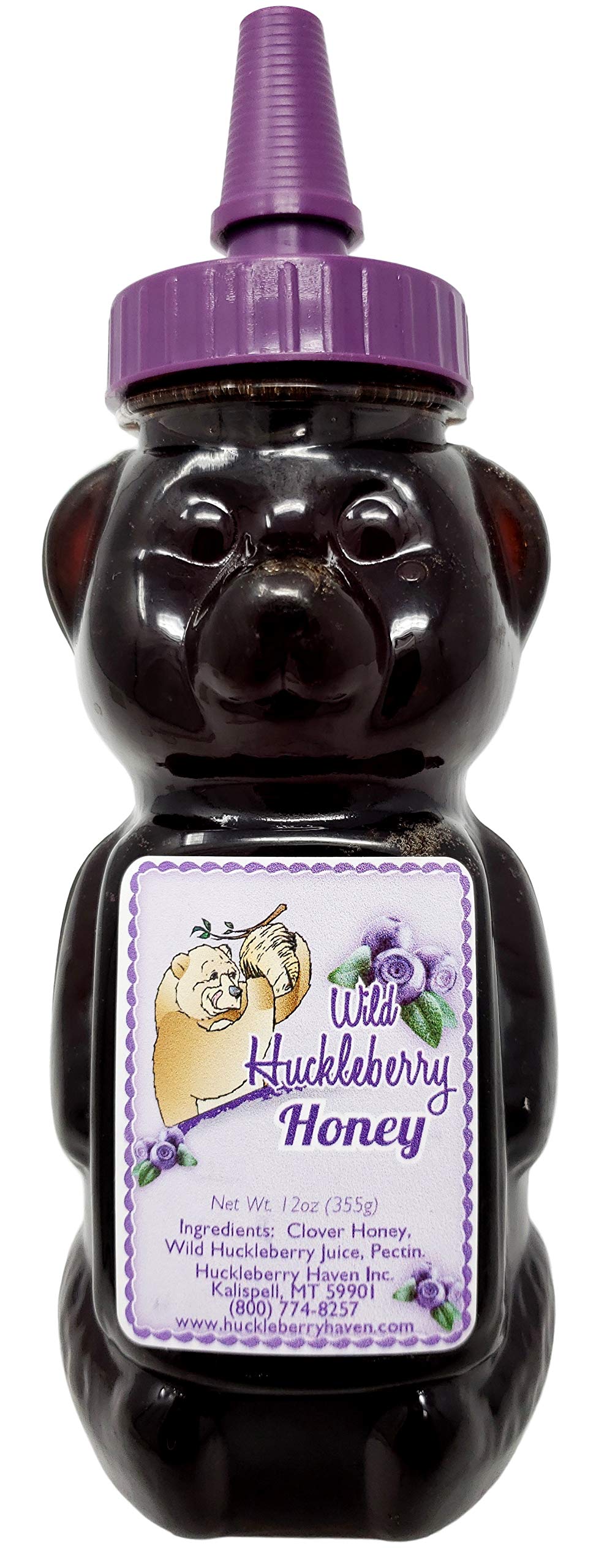 Huckleberry Haven frasco oso frontal mostrando etiqueta y facilidad de uso