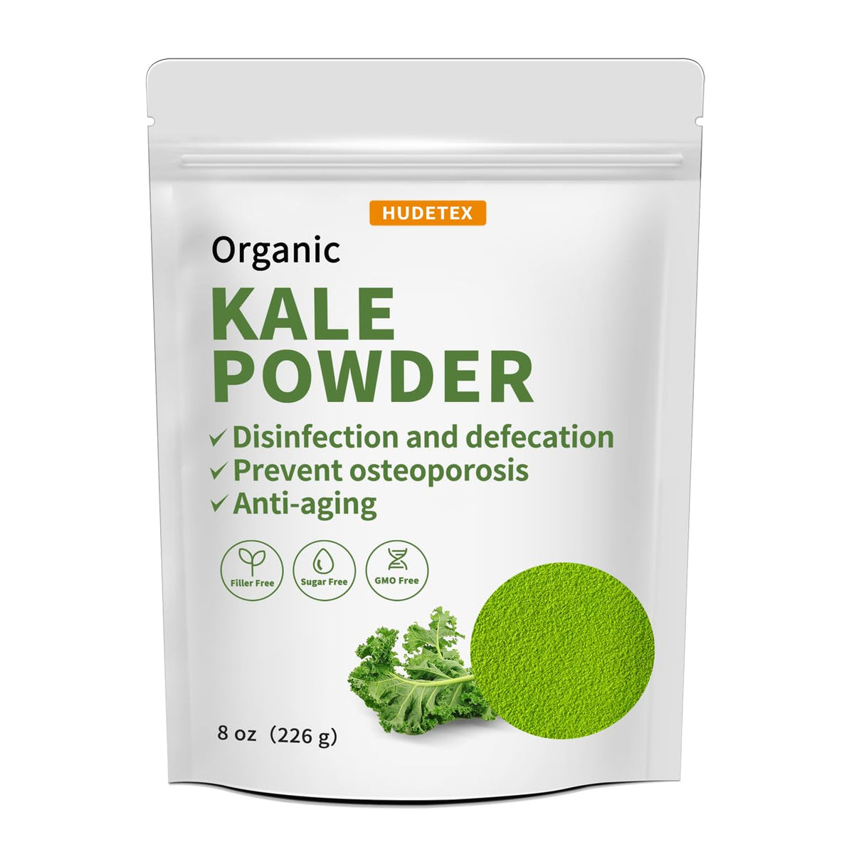 Hudetex envase frontal de polvo de kale orgánico mostrando tamaño y etiqueta