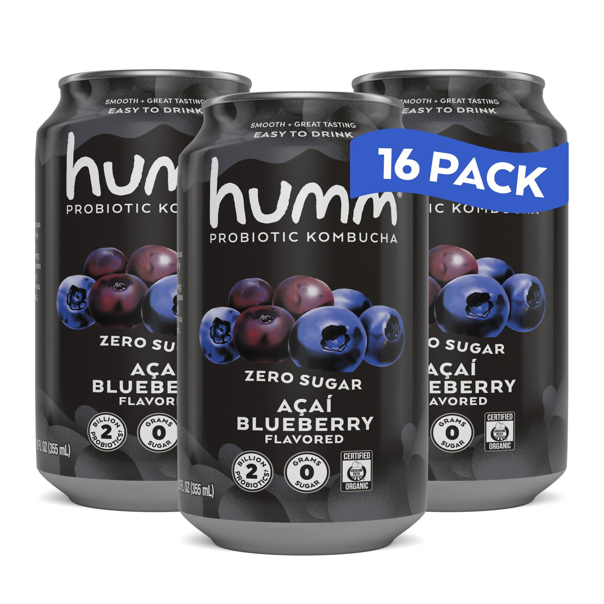 Humm lata frontal Acai Blueberry mostrando diseño y sabor refrescante