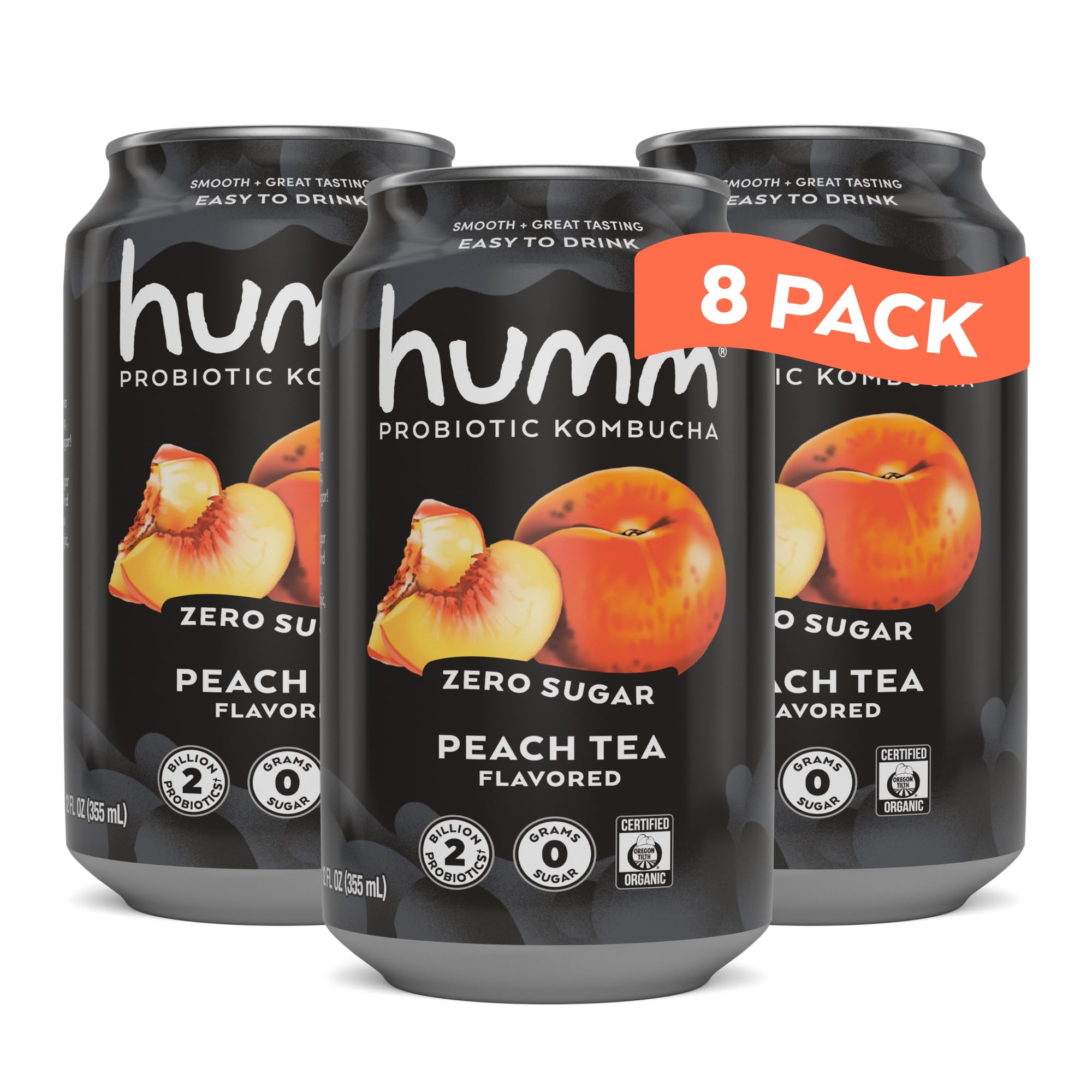 Humm lata frontal Peach Tea mostrando diseño y beneficio refrescante