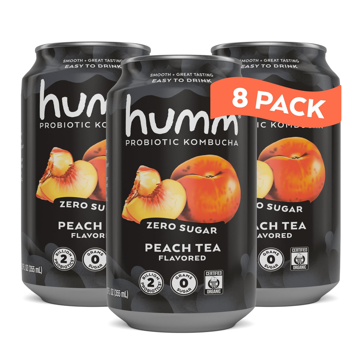 Humm lata frontal Peach Tea mostrando diseño y beneficio refrescante
