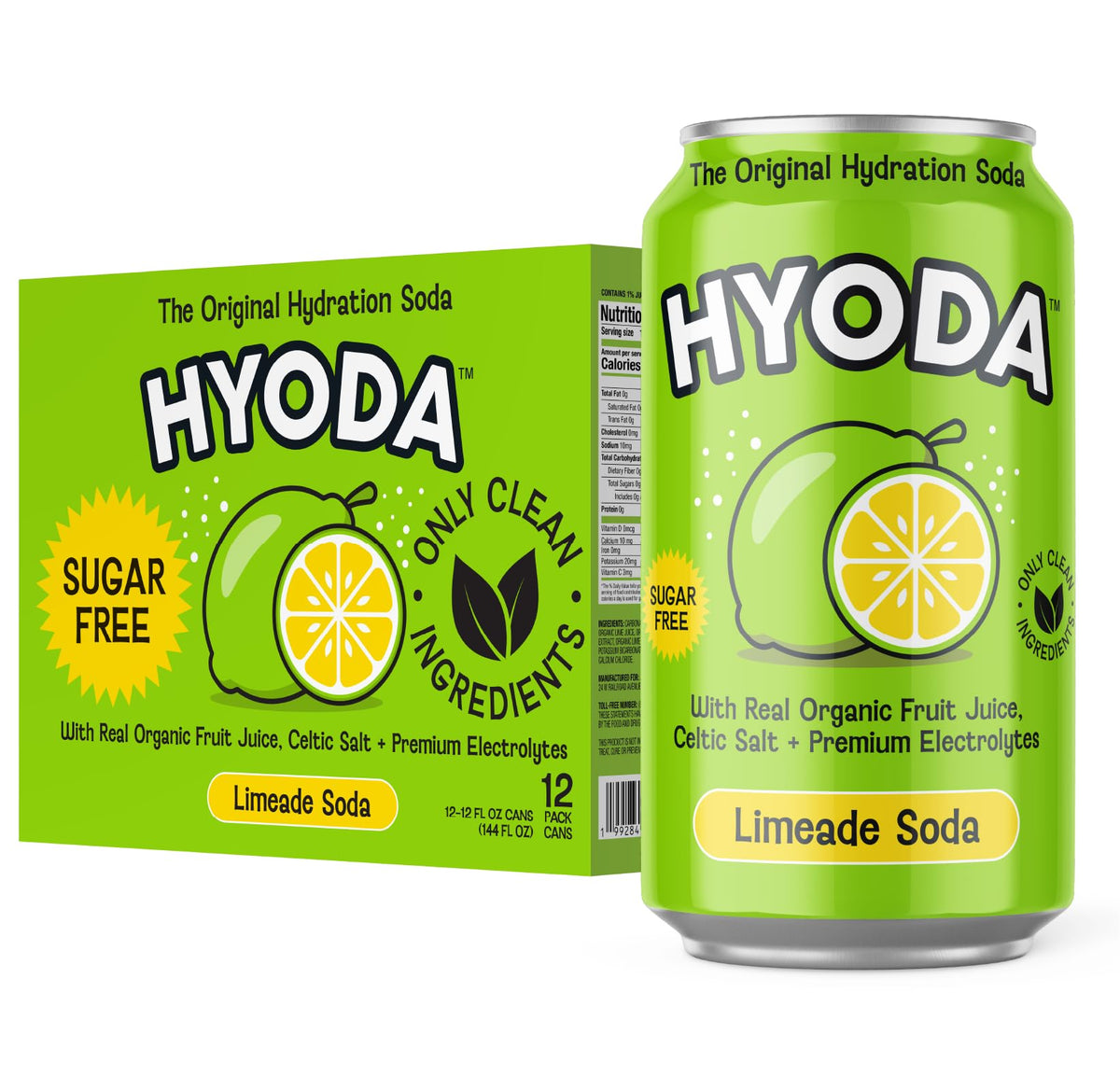 HYODA lata frontal mostrando diseño refrescante y ventaja de hidratación