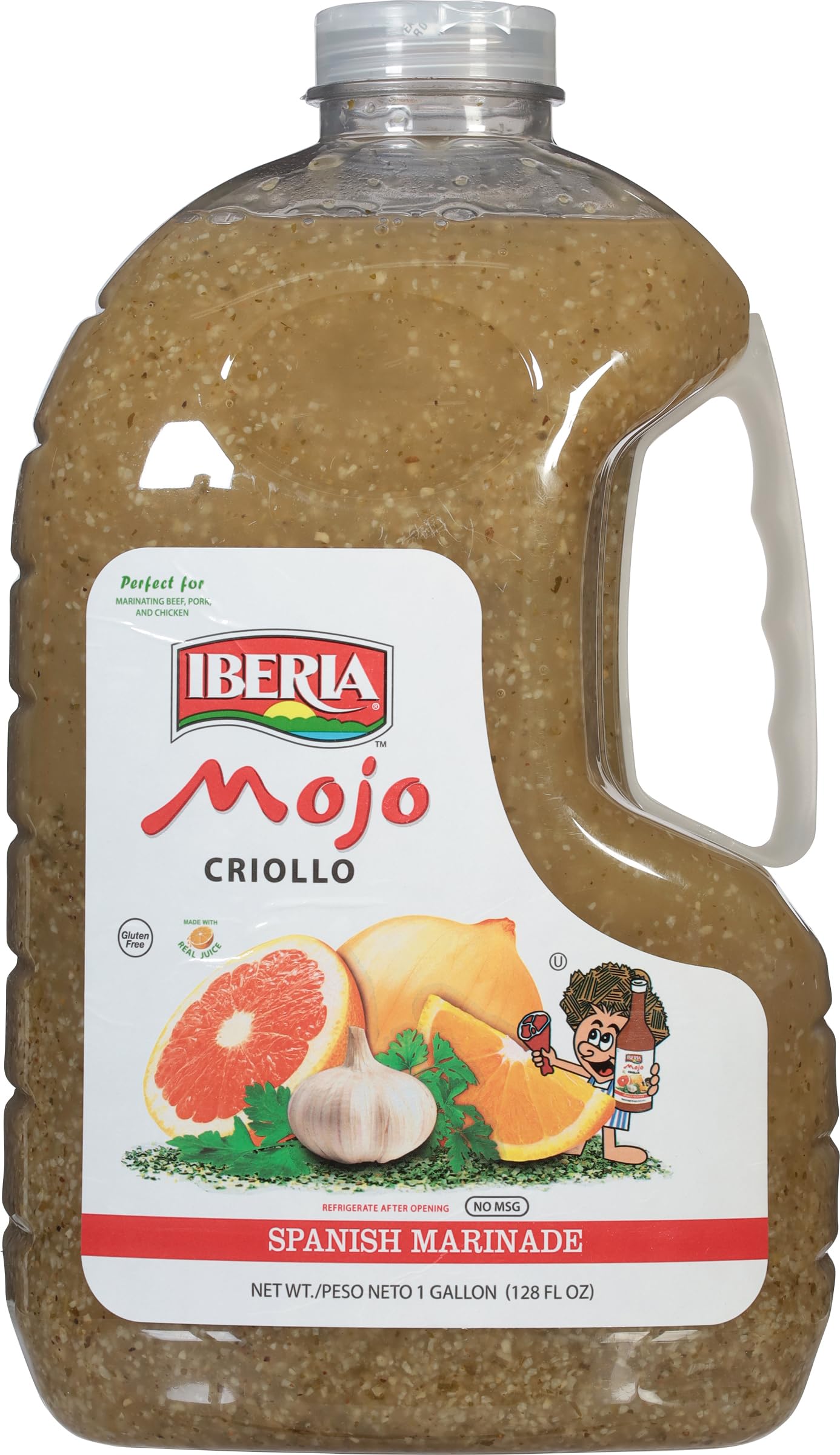 Iberia Mojo Criollo comparado con objetos cotidianos mostrando la presentación de 128 fl oz