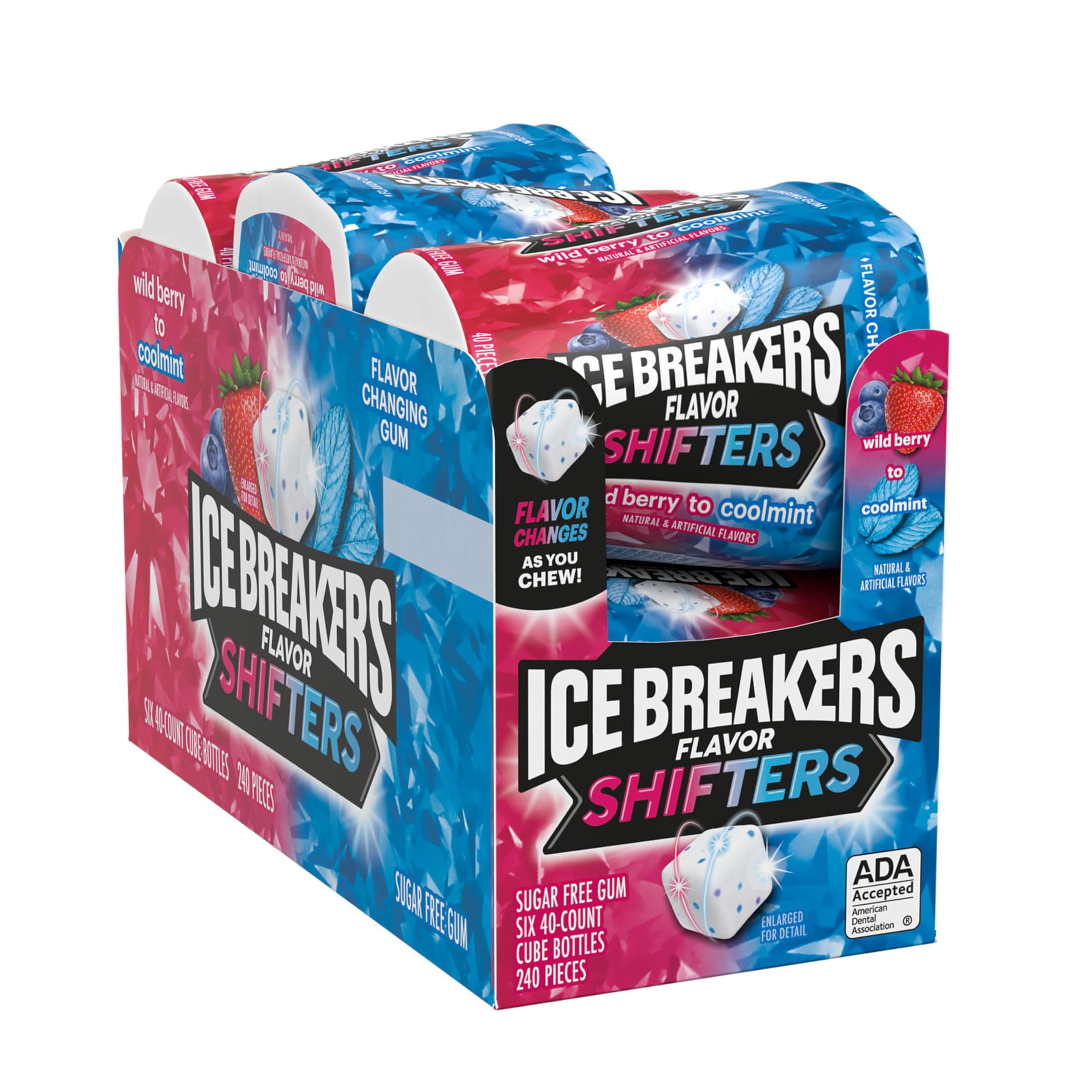 Ice Breakers piezas de chicle en boca de botella que ilustran cantidad y accesibilidad
