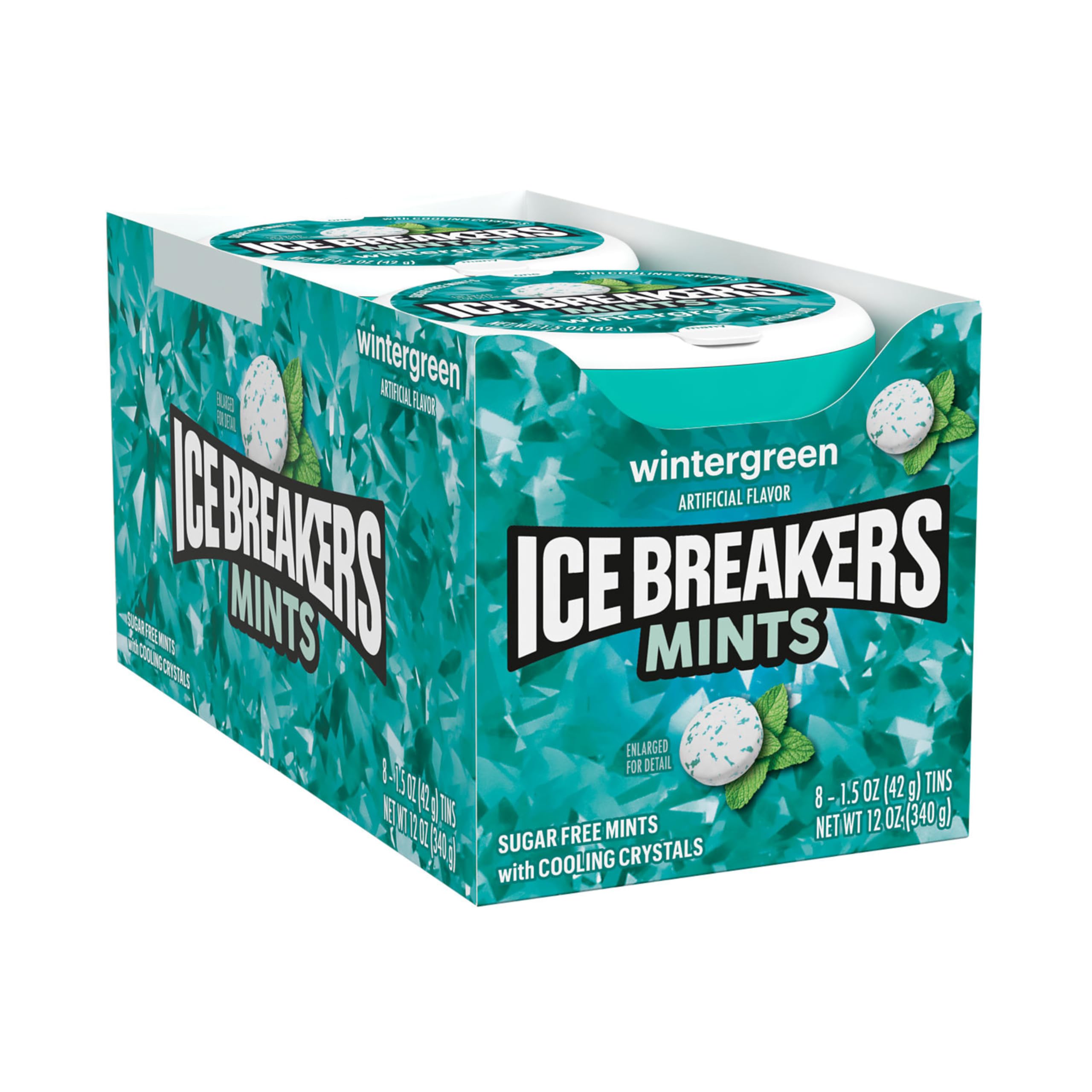 Ice Breakers close-up de pastillas y cristales mostrando textura refrescante