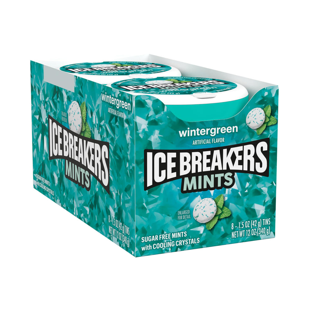 Ice Breakers close-up de pastillas y cristales mostrando textura refrescante