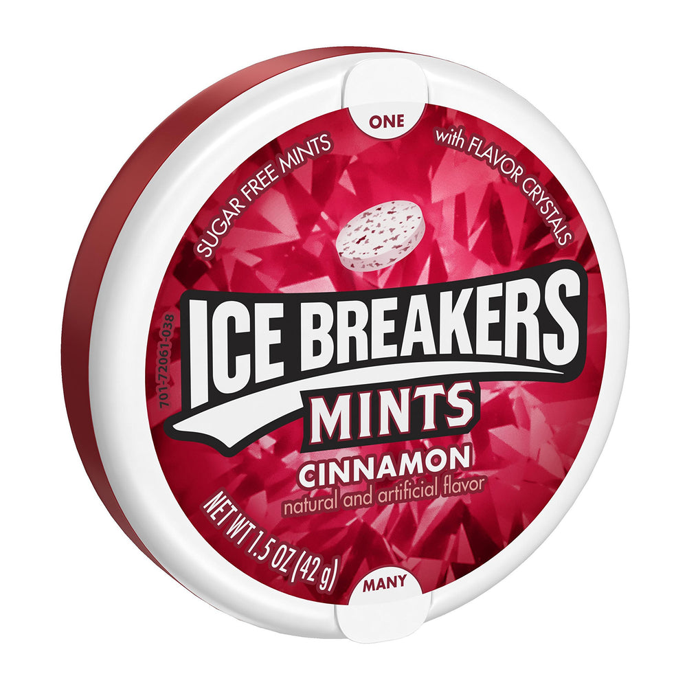 ice breakers envase frontal canela mostrando formato compacto y práctico