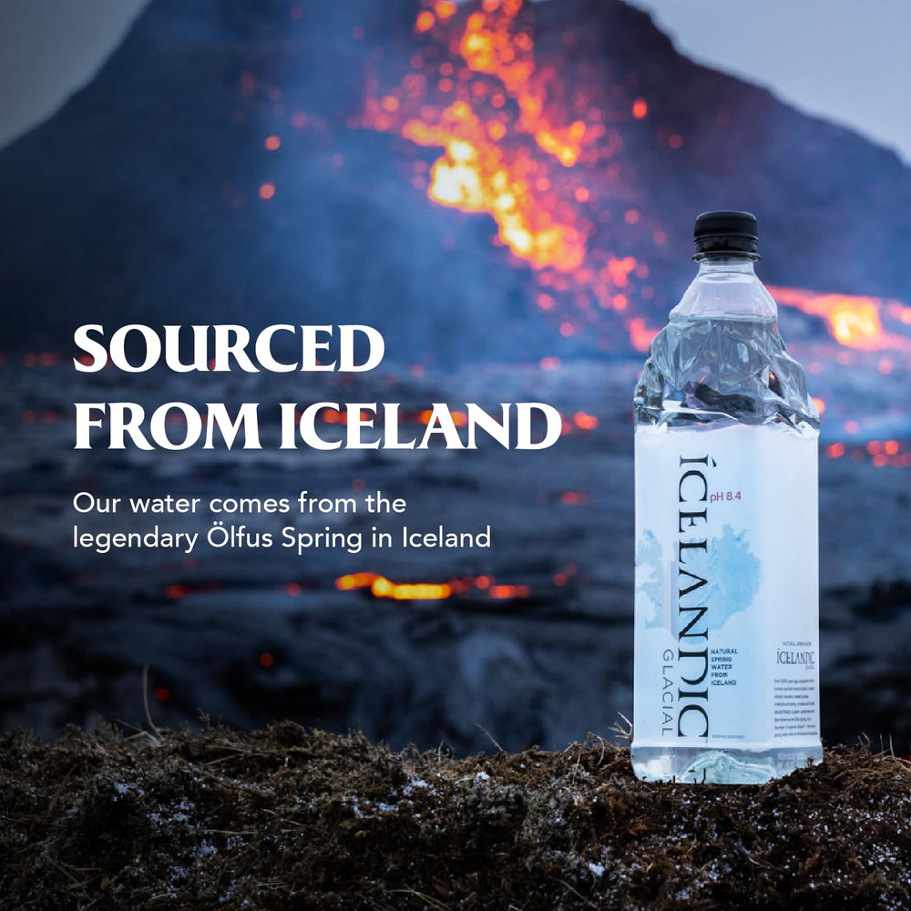 Icelandic Glacial botella 750 mL sobre mesa junto a comida para acompañar bebidas