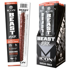 ICON Meats paquete frontal mostrando 16 palitos, conveniente y proteico