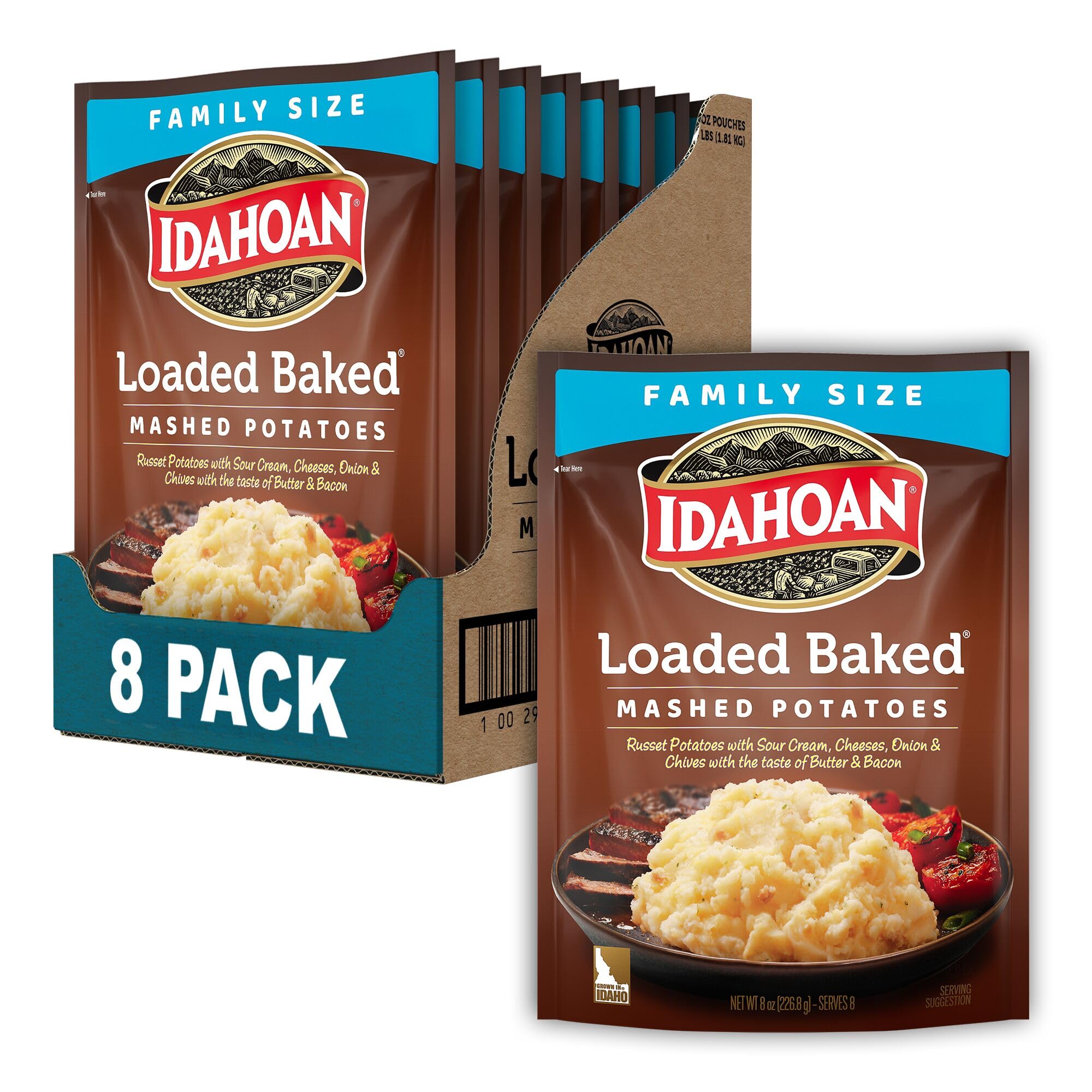 Idahoan pouch frontal mostrando marca y formato práctico para preparación rápida