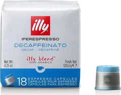 illy caja frontal de cápsulas descafeinado mostrando el envase y beneficio practicidad