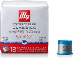 illy paquete frontal de cápsulas Classico Lungo mostrando cantidad y diseño, calidad italiana