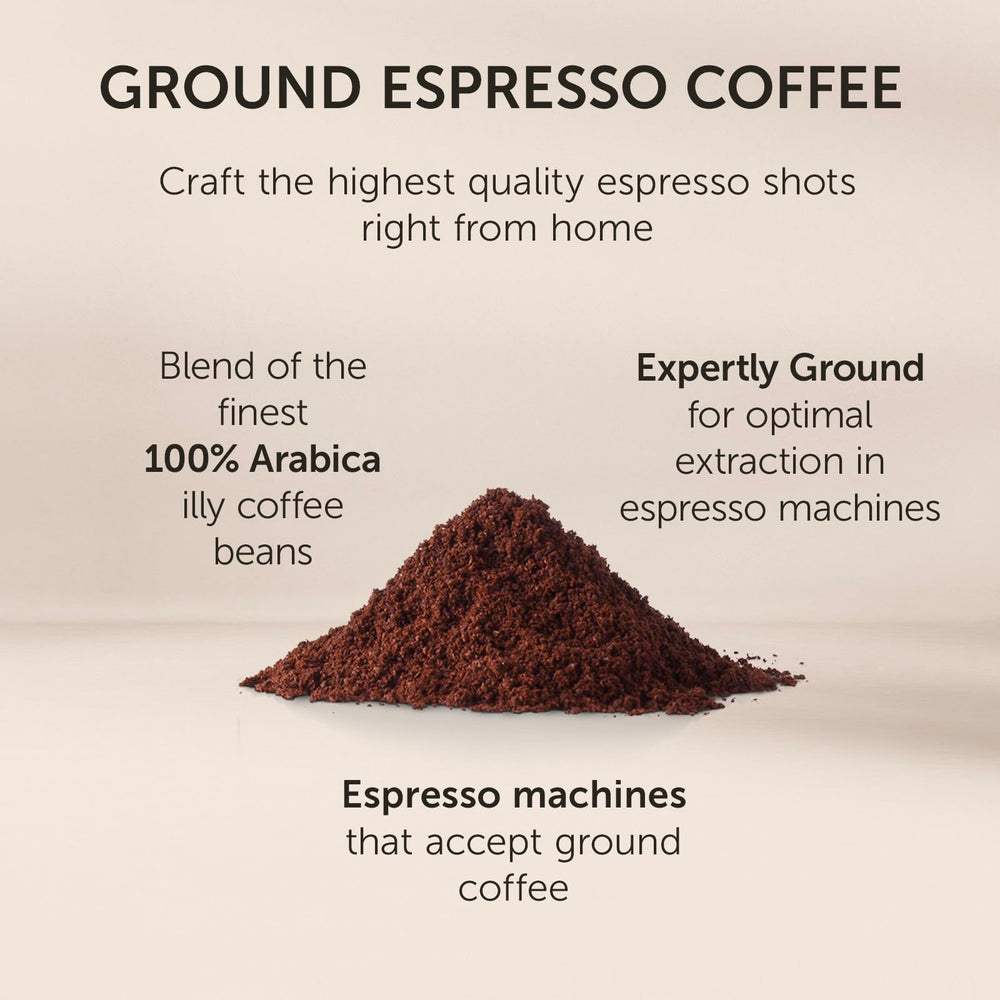 illy comparación de tamaño 250 g junto a elementos de cocina para escala